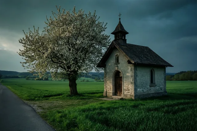 Lentebloesems bij de kapel