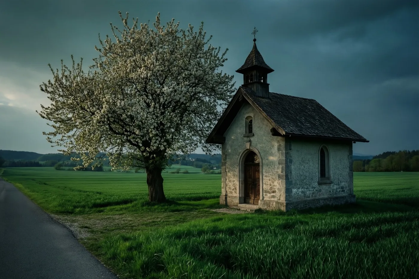 Een stenen kapel met houten deur en klokkentoren staat naast een witbloeiende boom, met groene velden en donkere wolken op de achtergrond.