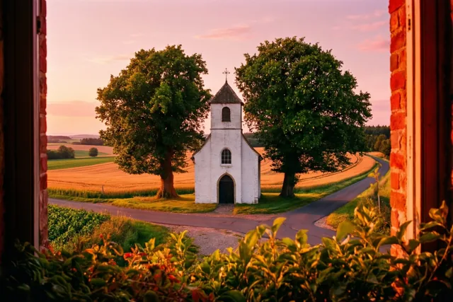 Door een rode bakstenen raamopening met groen op de voorgrond is een witgekalkte kapel aan een kruispunt tussen twee grote bomen te zien, omringd door gouden velden onder een roze-oranje avondlucht.