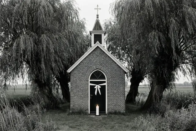 Een zwart-witfoto toont een kleine bakstenen kapel tussen twee grote wilgen in een polderlandschap, met een wit lint aan de deur en een brandende witte kaars bij de ingang.
