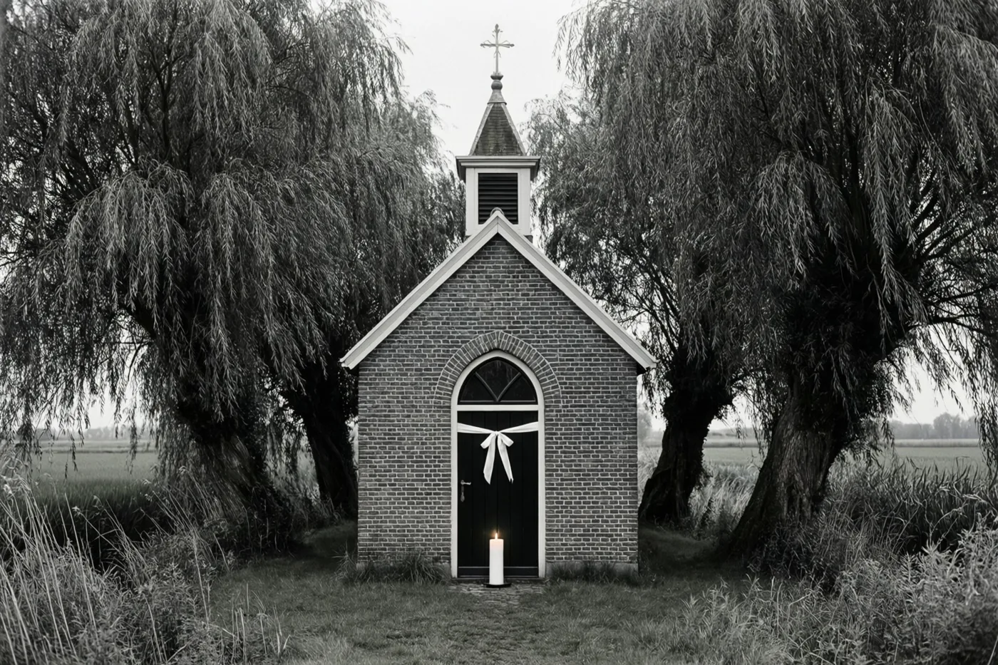 Een zwart-witfoto toont een kleine bakstenen kapel tussen twee grote wilgen in een polderlandschap, met een wit lint aan de deur en een brandende witte kaars bij de ingang.