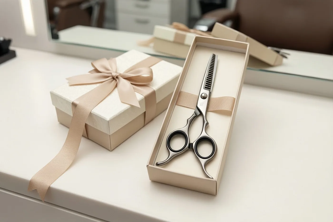Een kappersschaar ligt in een open beige geschenkdoos naast een gesloten doos met beige lint op een witte salontoog, met een spiegel op de achtergrond.