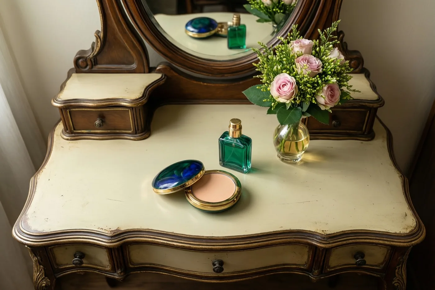 Op een sierlijke oude kaptafel met spiegel staan een groen parfumflesje, een open poederdoosje en roze rozen in een glazen vaas, in zacht licht.