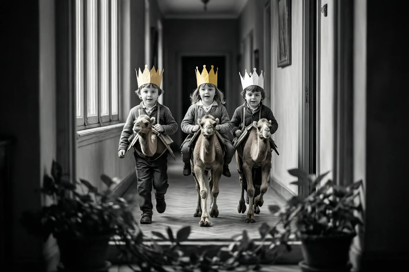 Op een zwart-witfoto rennen drie kinderen met papieren kronen en kartonnen kamelen om hun middel door een gang met een deels onscherpe achtergrond.