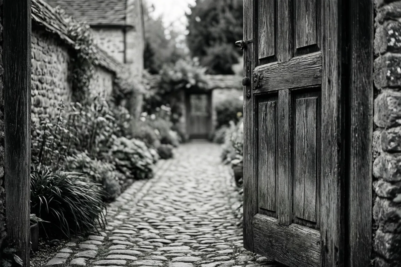 Een zwart-witbeeld toont een smal kasseipad door een rustige ommuurde tuin, met rechts een oude houten deur.