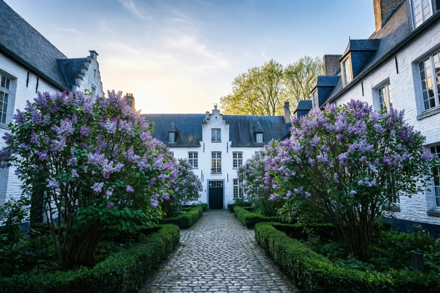 Een kasseipad loopt door een binnenhof langs bloeiende paarse seringen en witte gebouwen met donkere daken, in het warme licht van een lage zon.