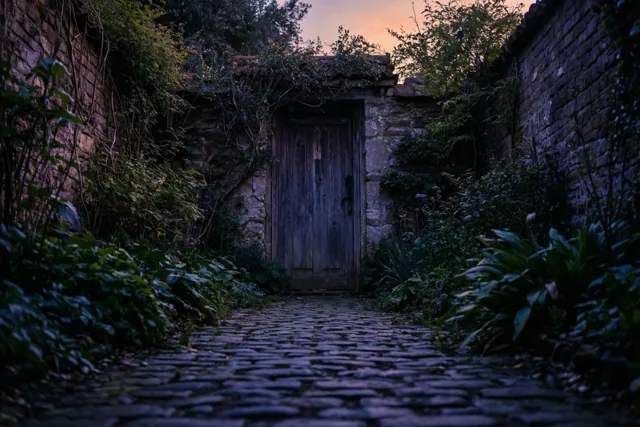 Een smal kasseipad leidt naar een oude houten deur in een stenen muur, omringd door woekerend groen in het zwakke licht van de schemering.