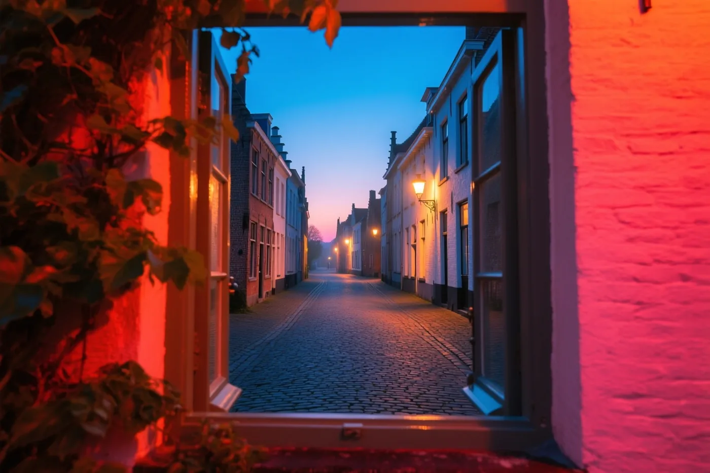 Door een open raam zie je een stille kasseistraat in een oud Vlaams stadje bij zonsopgang, met oranjerood binnenlicht en een koele blauwe hemel.