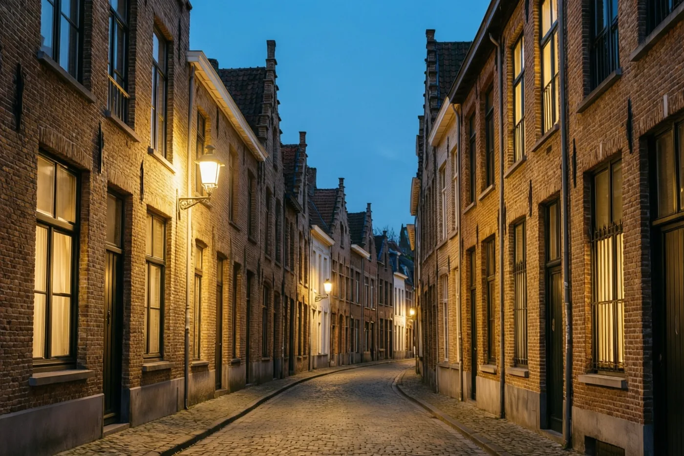 Een smalle kasseistraat loopt tussen traditionele Belgische bakstenen huizen met verlichte ramen en wandlantaarns onder een diepblauwe schemerlucht.
