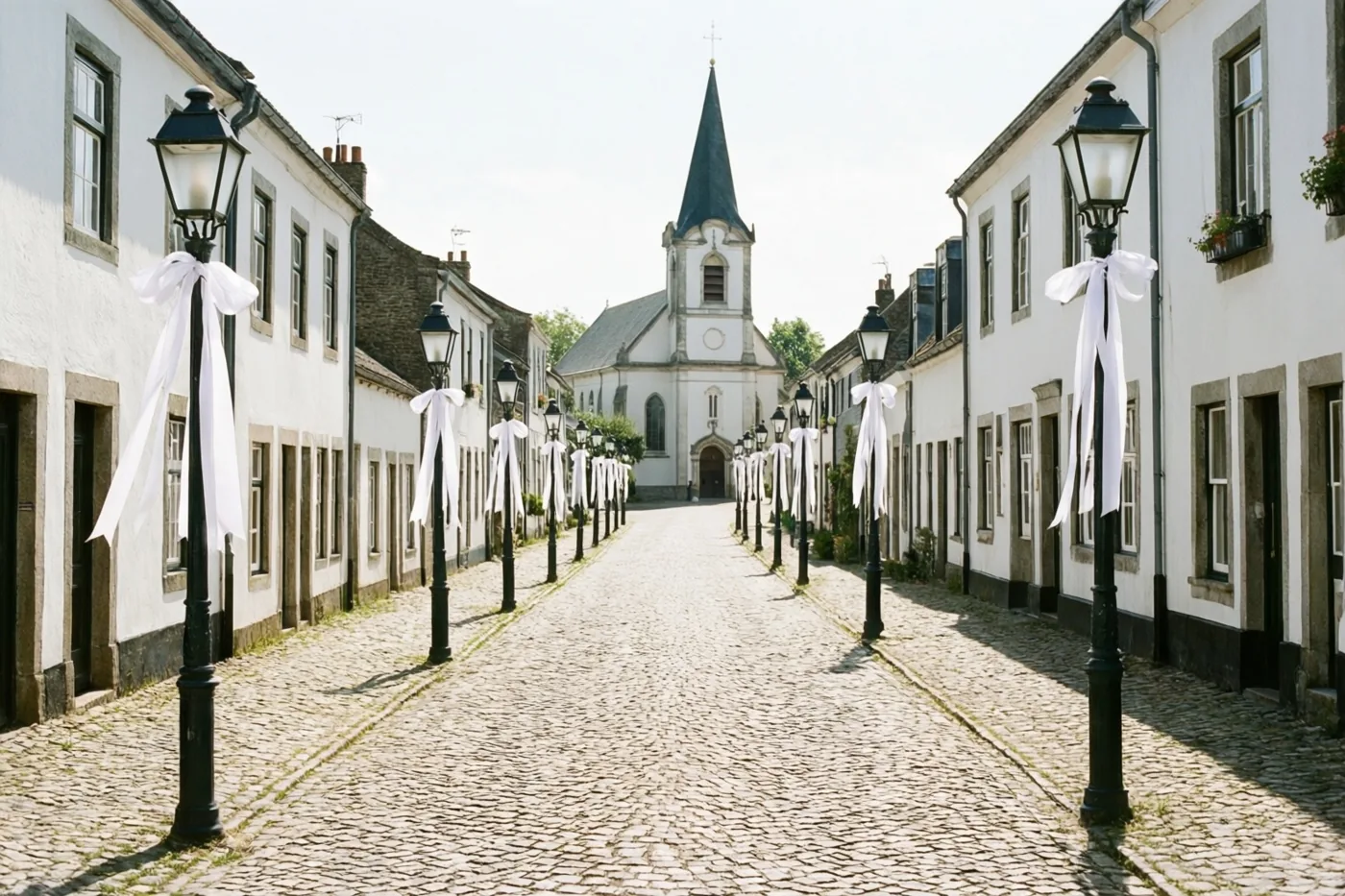 Een symmetrisch kasseistraatje met zwarte lantaarnpalen en witte linten leidt bij zacht daglicht naar een witte kerk met een donkere spits.