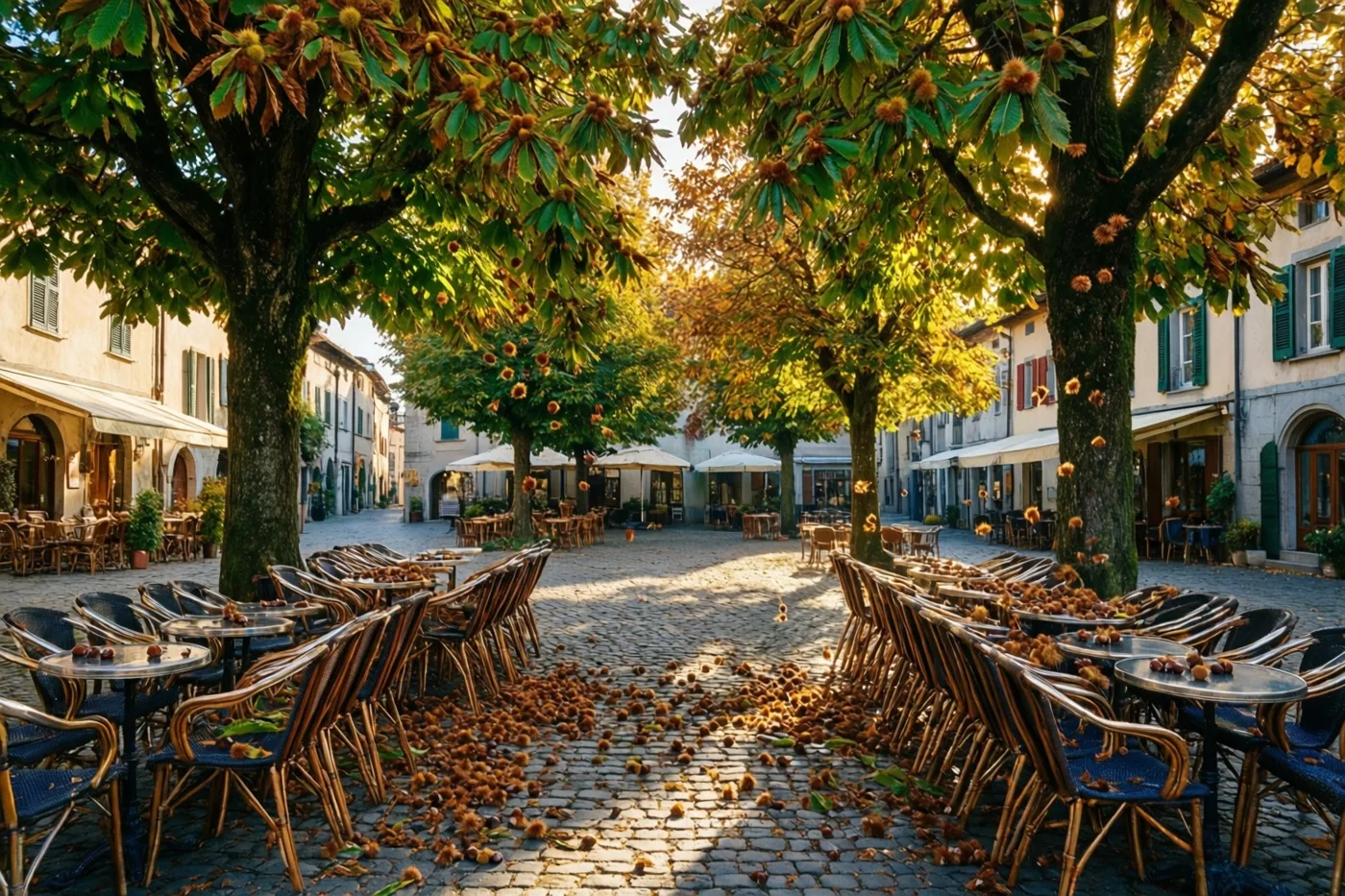 Kastanjebomen laten stekelige kastanjebolsters vallen op een gekasseid dorpsplein tussen rijen gestapelde caféstoelen in warm herfstlicht.
