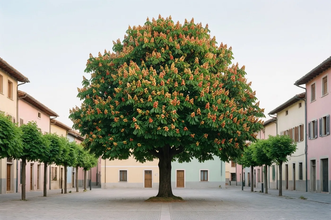 Een grote kastanjeboom met groen blad en oranjebruine bloemen staat op een dorpsplein tussen pastelkleurige gebouwen onder een bleke hemel.