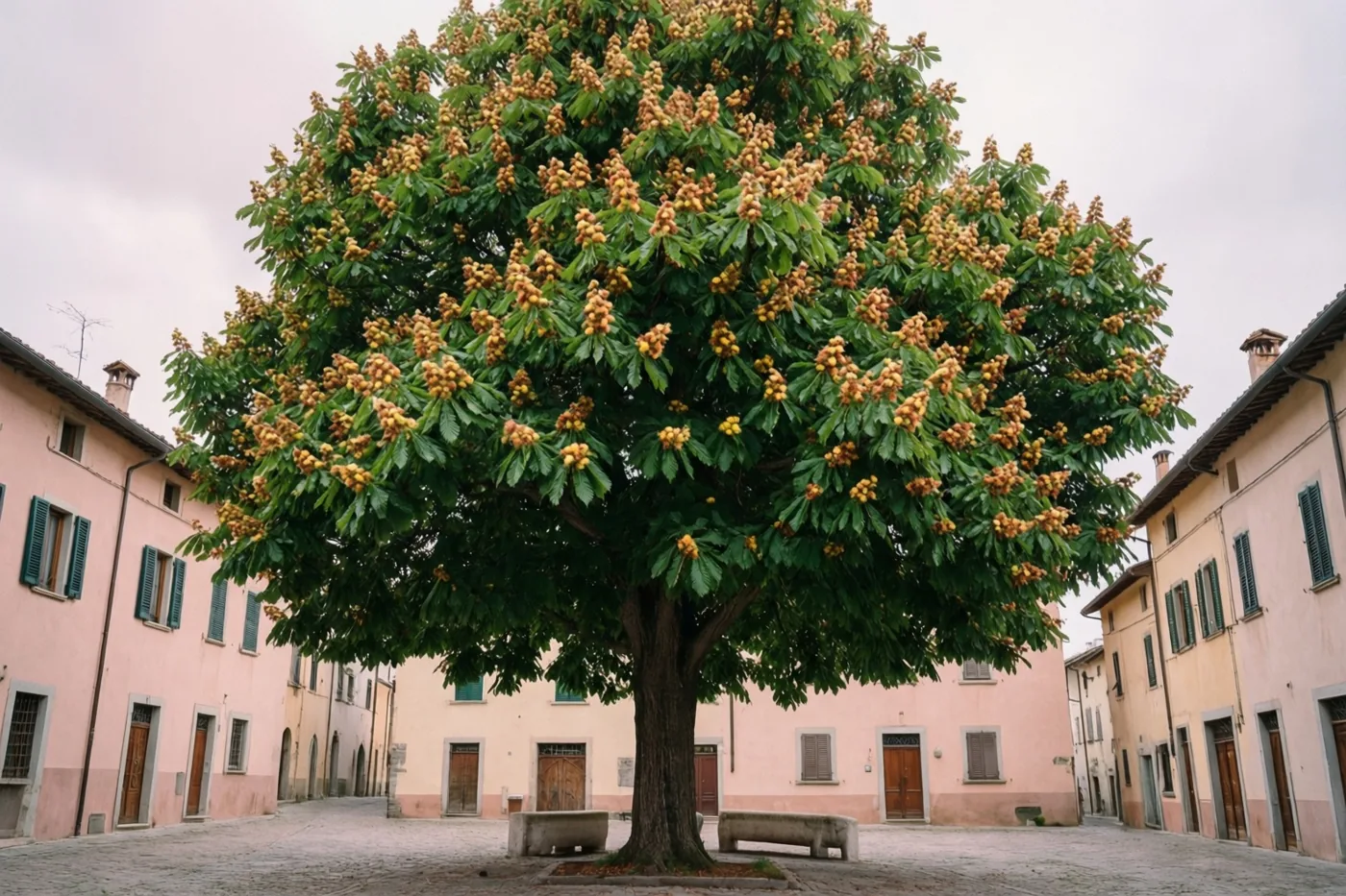 Een grote kastanjeboom met groene bladeren en goudbruine bloemen staat op een dorpsplein tussen pastelkleurige gebouwen met houten deuren en groene luiken onder een bewolkte hemel.