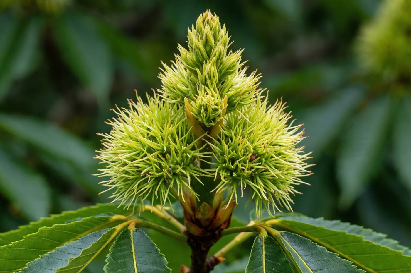 Een knop van een paardenkastanje met uitkomende groene bladeren is van dichtbij te zien tegen een wazige groene achtergrond.