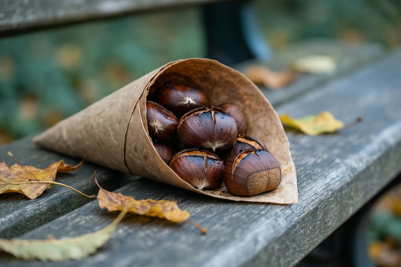 Een papieren puntzak met gepofte kastanjes rust op een verweerde houten bank tussen verspreide herfstbladeren, met een zachte, onscherpe buitenachtergrond.