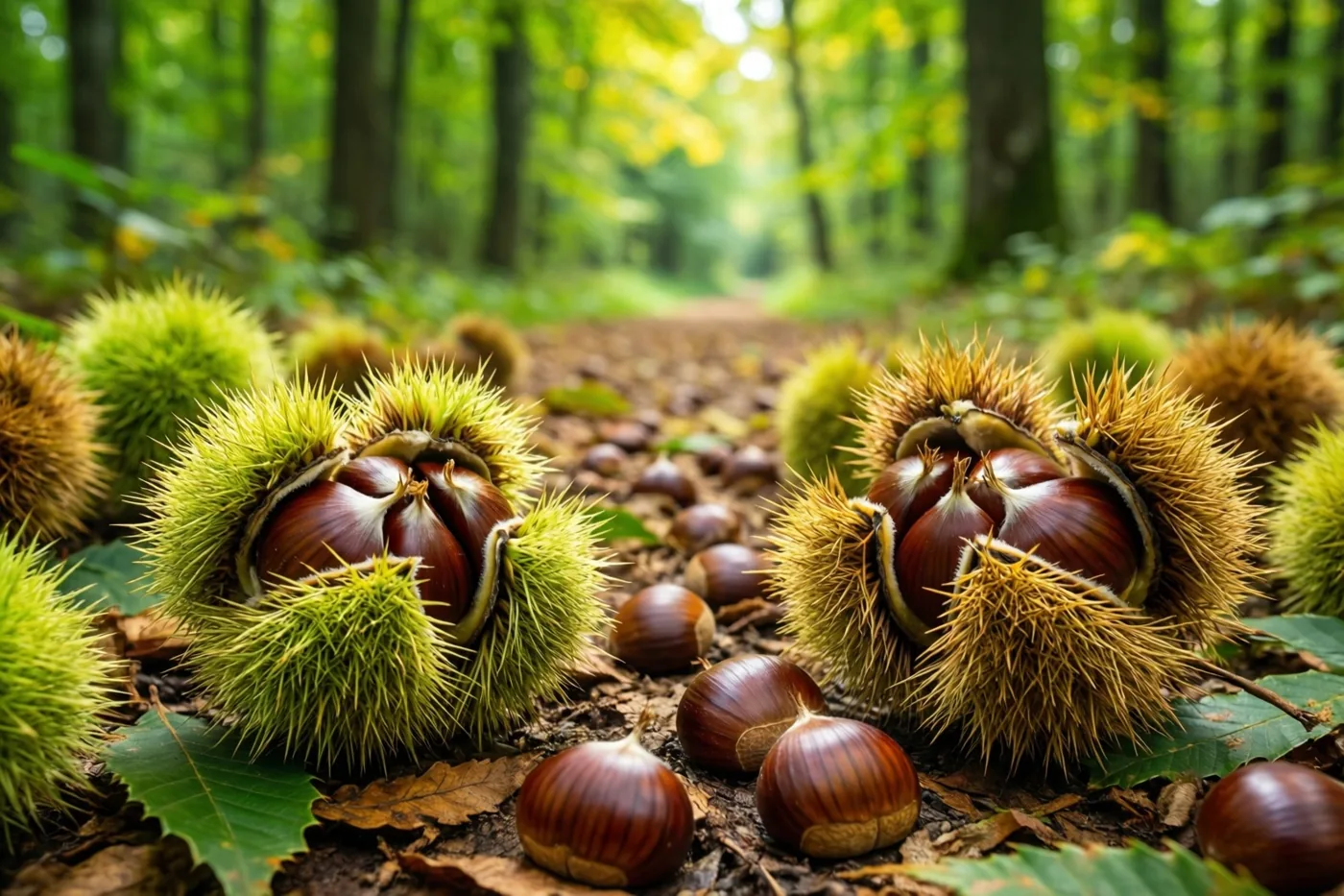 Glanzende bruine kastanjes en open stekelige bolsters liggen op een bospad vol bladeren, met groene en gele bomen op de zonnige achtergrond.