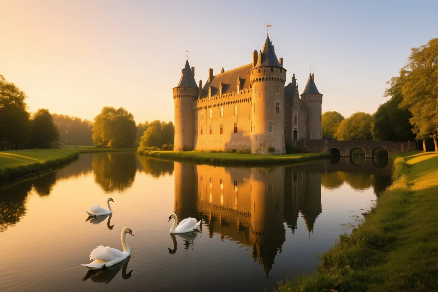 Een middeleeuws kasteel in Vlaanderen weerspiegelt in een kalme slotgracht met drie witte zwanen op de voorgrond, omringd door groen gras en bomen in goudkleurig licht.