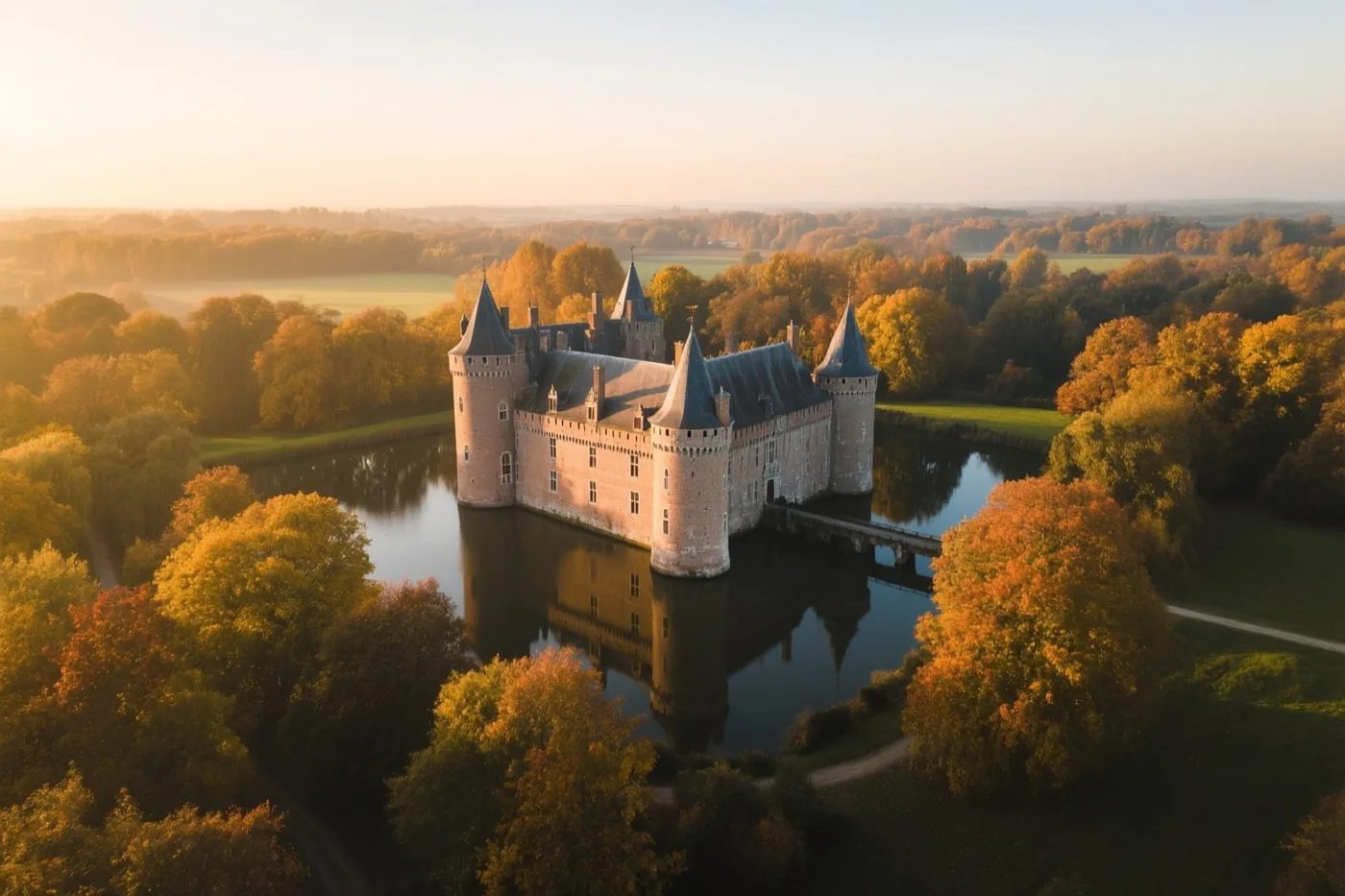 Een luchtfoto toont een historisch kasteel met slotgracht in Vlaanderen, omringd door kleurrijke herfstbomen die in het rustige water weerspiegelen.