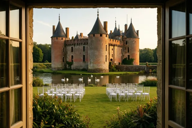 Door een open raam zijn een kasteel met een slotgracht, witte stoelen op een groen gazon en zwemmende zwanen te zien in warm gouden licht.