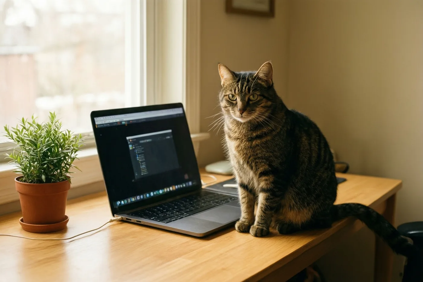 Een gestreepte kat zit aandachtig op een licht houten bureau naast een open laptop en een potplant, in daglicht van een raam.