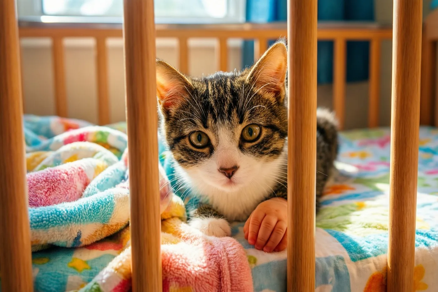 Een gestreepte kat met groene ogen kijkt door de houten spijlen van een babybedje met een kleurrijke deken en een klein handje erop in warm zonlicht.
