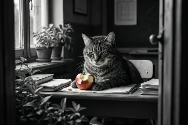 Een gestreepte kat kijkt schuldbewust naast een aangebeten rode appel op een lerarenbureau met boeken, papieren en potplanten, in een verder zwart-wit klaslokaal.