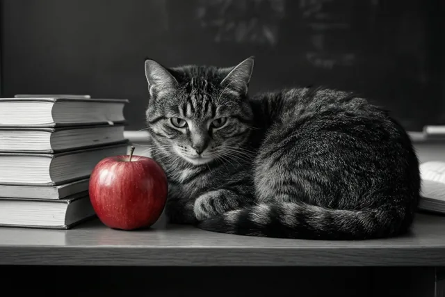 Een gestreepte kat ligt opgerold op een bureau naast een rode appel en een stapel boeken, met een donker schoolbord op de achtergrond en alleen de appel in een felle kleur.