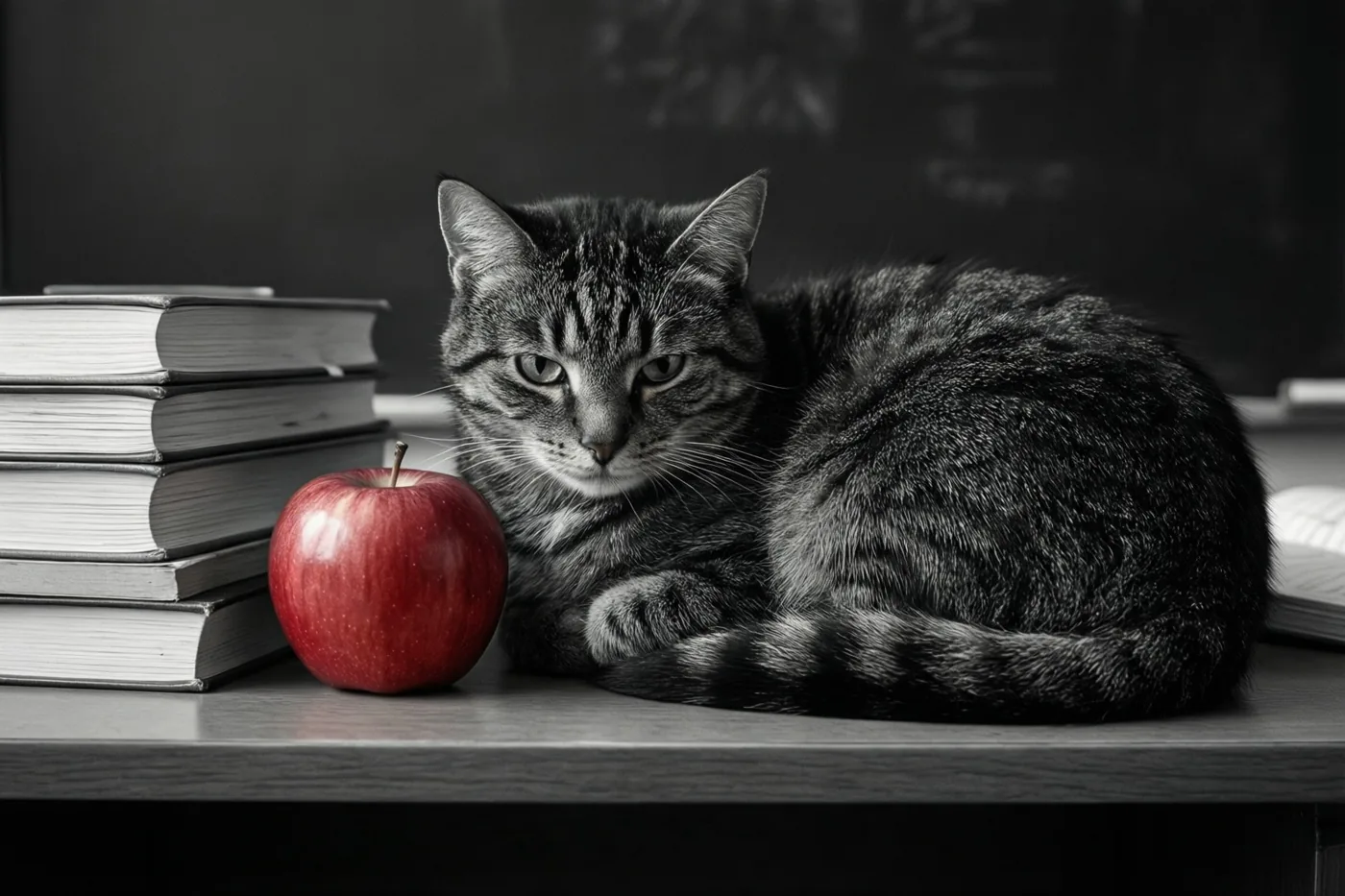 Een gestreepte kat ligt opgerold op een bureau naast een rode appel en een stapel boeken, met een donker schoolbord op de achtergrond en alleen de appel in een felle kleur.