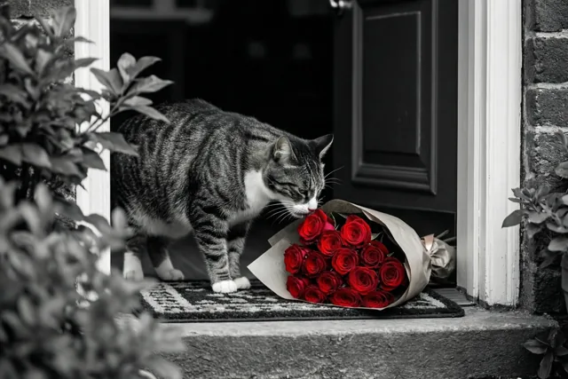 Rozenliefde met een nieuwsgierige kat