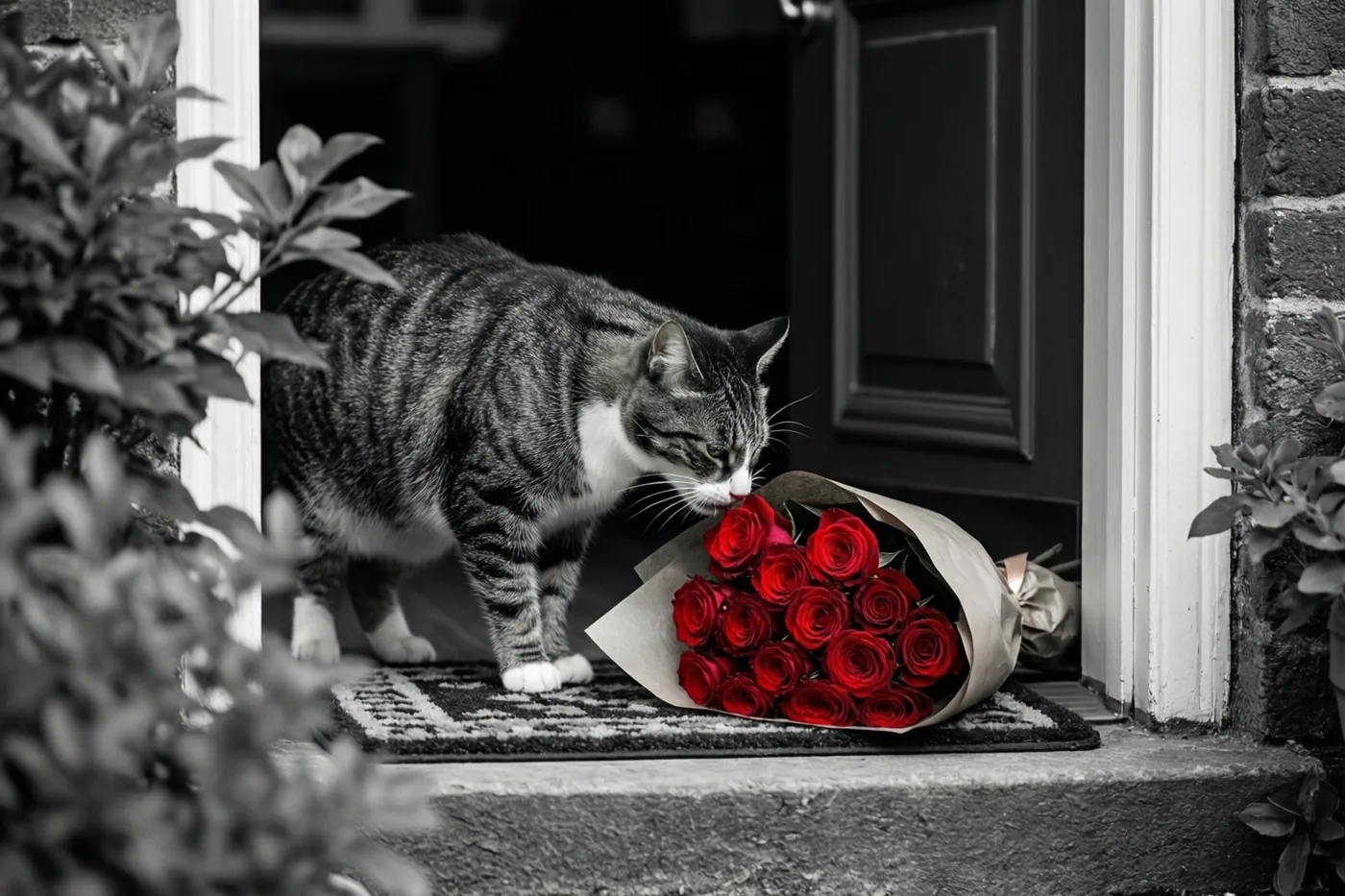 Een gestreepte kat snuffelt aan een boeket rode rozen in papier op een deurmat bij een deuropening, waarbij de rozen de enige felle kleur in het grotendeels monochrome beeld zijn.