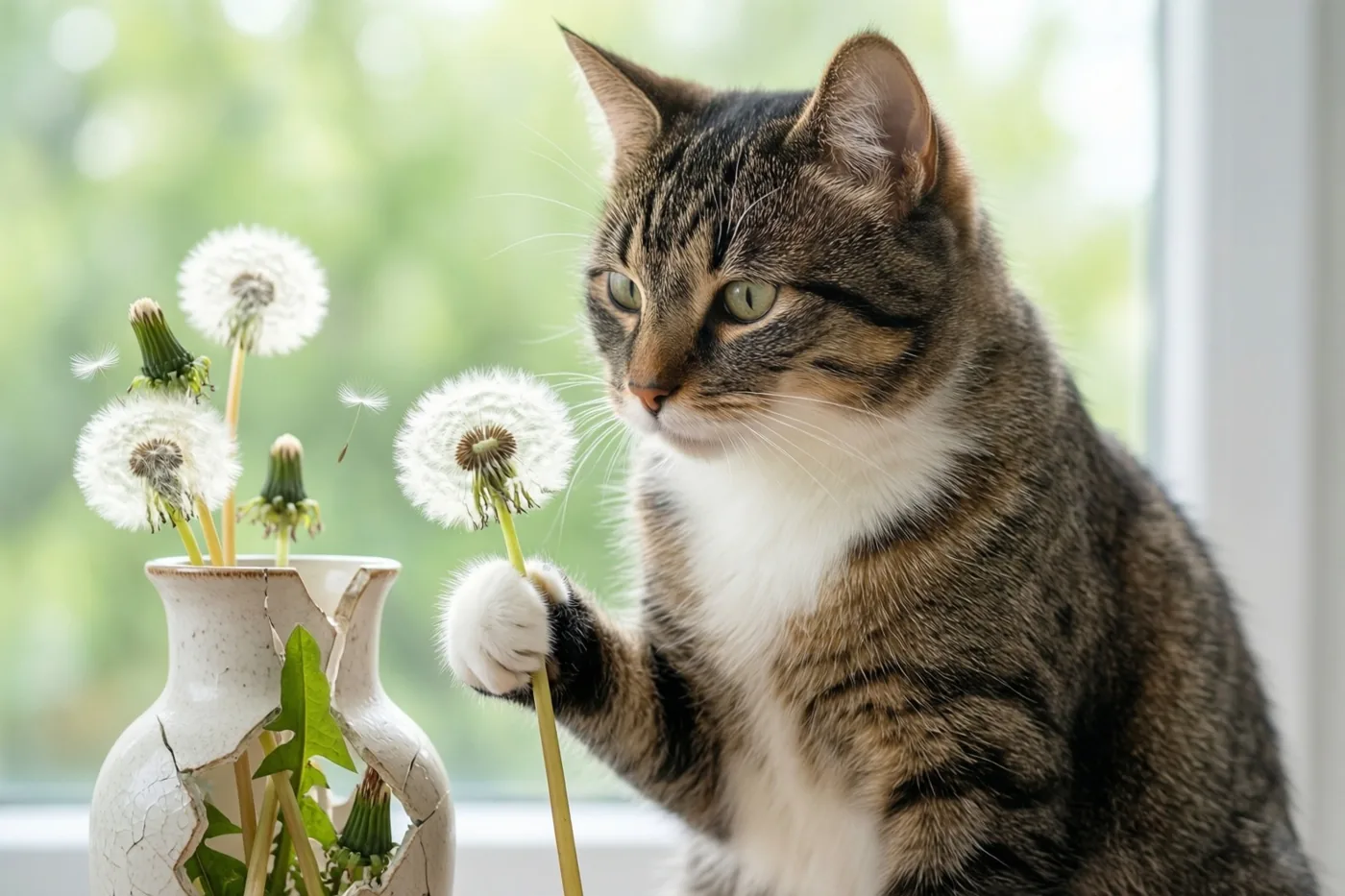 Een gestreepte kat met groene ogen houdt bij een raam een paardenbloem in haar poot naast een gebarsten witte vaas met paardenbloemen.