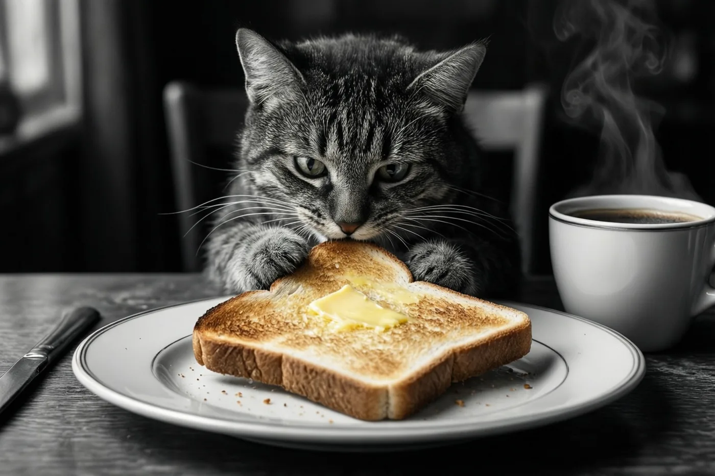 Een tijgerkat buigt zich over een bord met beboterde toast naast een dampende koffiekop op een donkerhouten tafel, op een zwart-witfoto waarop alleen de toast en boter gekleurd zijn.