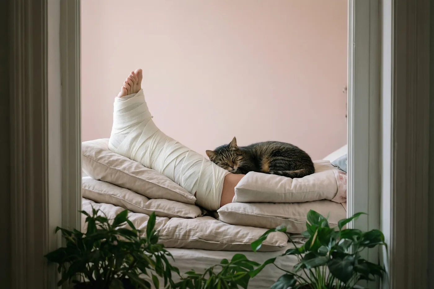 Door een deuropening is een been in wit gips op beige kussens te zien, met een opgekrulde gestreepte kat boven op de kussens en groene planten op de voorgrond.