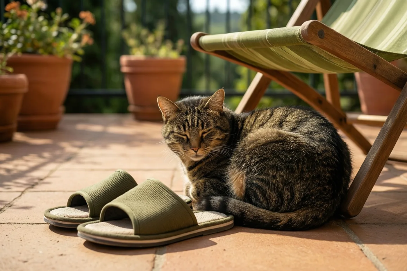 Een tijgerkat slaapt opgerold op een zonnig tegelterras naast groene pantoffels en een houten ligstoel met groene stof, met potplanten op de achtergrond.