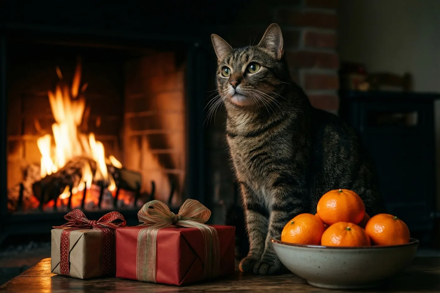 Een gestreepte kat zit op een houten oppervlak naast een brandende haard, met twee ingepakte cadeaus en een kom mandarijnen voor zich.