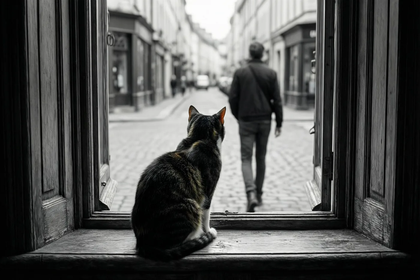 Op een zwart-witfoto zit een kat op een houten vensterbank en kijkt naar iemand die door een kasseistraat wegwandelt.
