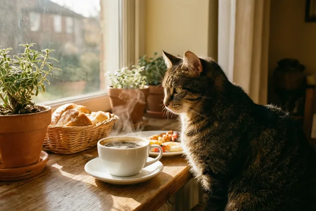 Goedemorgen met kat en koffie