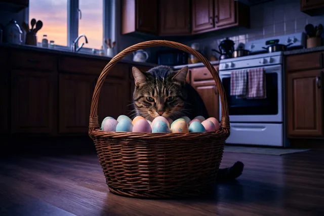 Pasen met een nieuwsgierige kat
