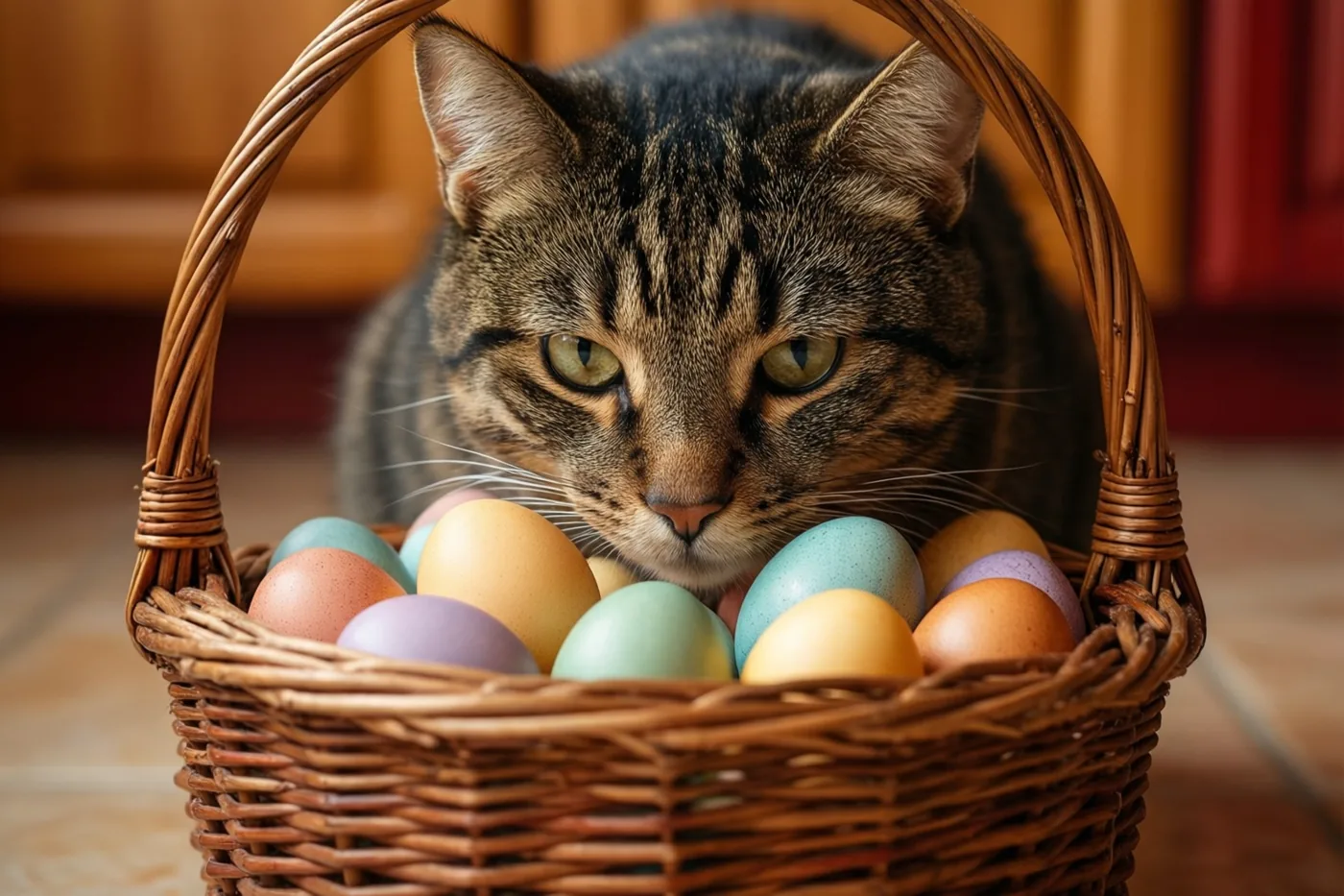 Een gestreepte kat kijkt over de rand van een rieten mand met paaseieren in pastelkleuren op een betegelde keukenvloer, in warm licht.