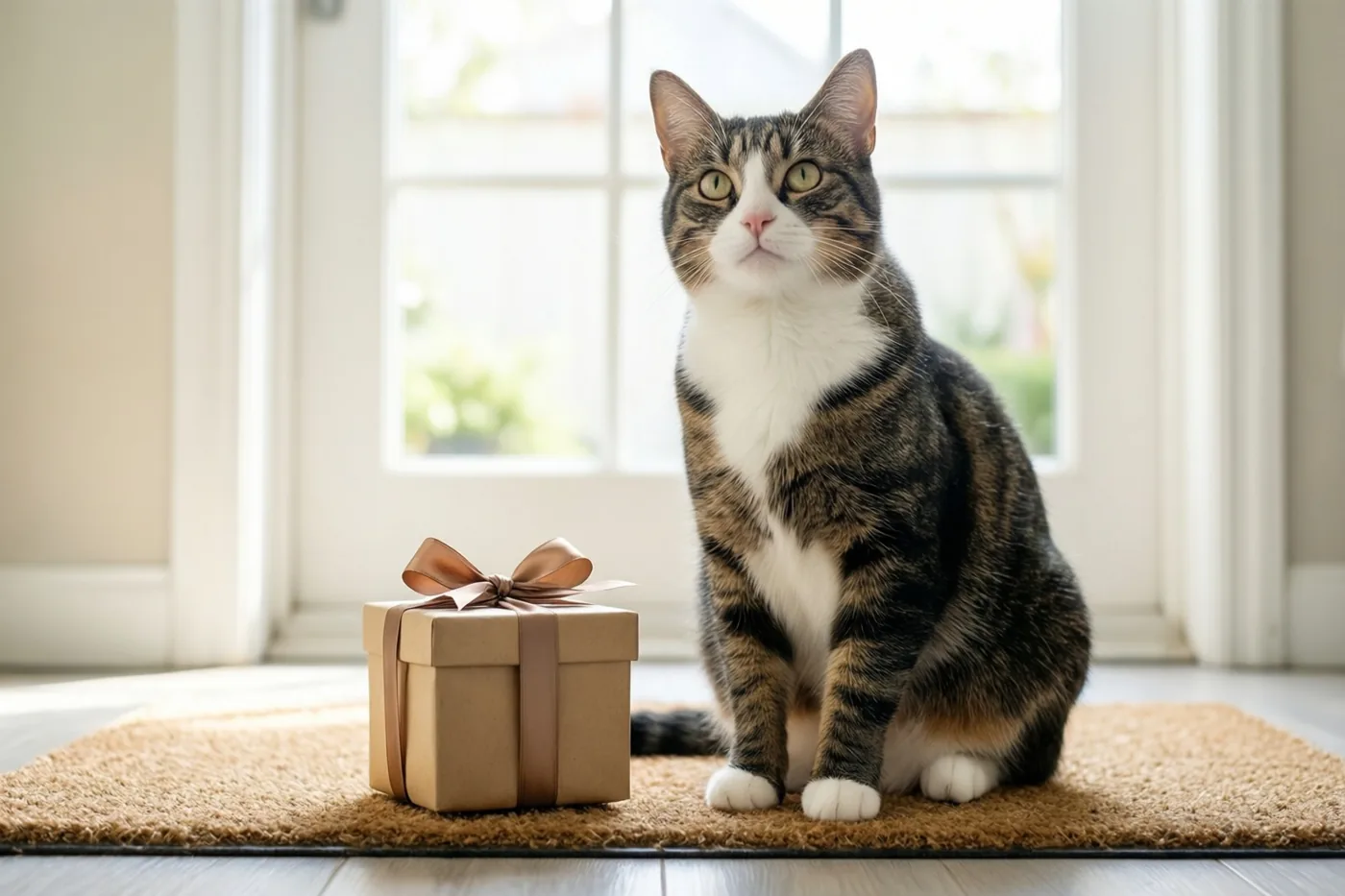 Een gestreepte kat met witte vlekken zit rechtop op een bruine deurmat naast een bruin cadeaudoosje met een strik, bij een helder raam in zacht daglicht.