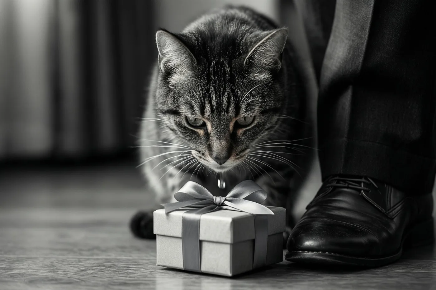 Een gestreepte kat zit laag bij een cadeaudoosje met lint aan de voeten van iemand met geklede schoenen op een houten vloer, in zwart-wit.