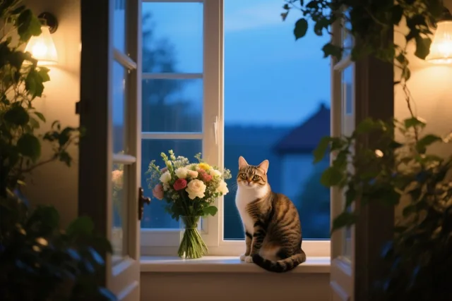 Een gestreepte kat zit op een vensterbank naast een vaas kleurrijke bloemen en kijkt naar de blauwe schemerlucht, met warme wandlampen binnen en groen rond het raam.