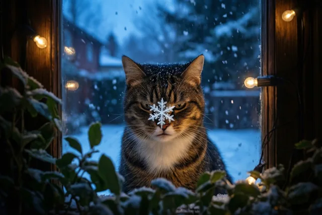 Sneeuwbezoek op een kattenneus