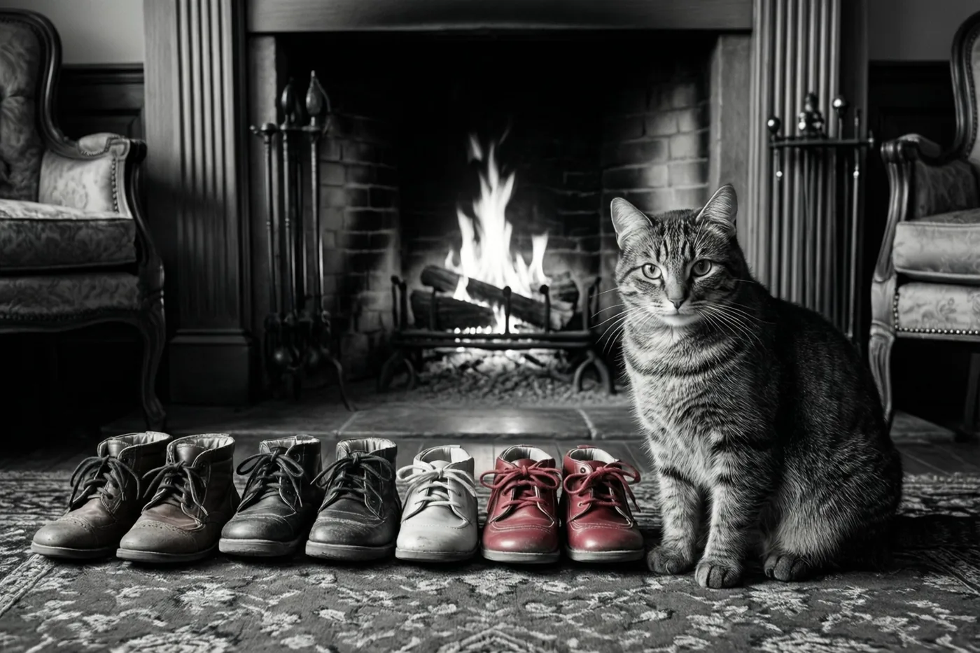 Een tijgerkat zit naast een rij kinderschoenen op een tapijt met een patroon, voor een brandende haard in een woonkamer met sierlijke meubels.