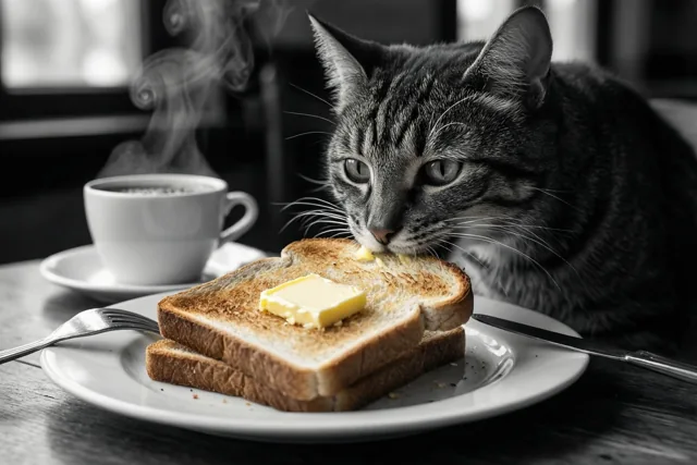 De kat keurt het ontbijt