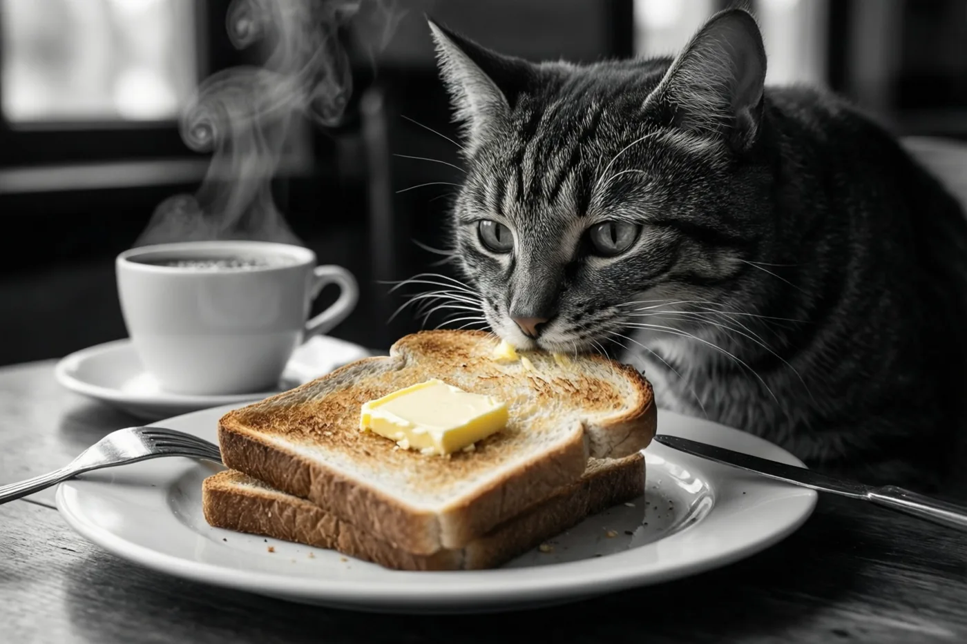 Een tijgerkat buigt zich over een bord met twee beboterde toasts op een houten tafel met een dampende koffiekop achteraan, op een grotendeels zwart-witte foto waarop de boter kleur heeft.