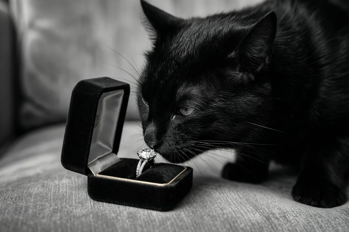 Op een zwart-witfoto snuffelt een zwarte kat aan een open zwart fluwelen doosje met een diamanten ring met één steen op een grijs zetelkussen.