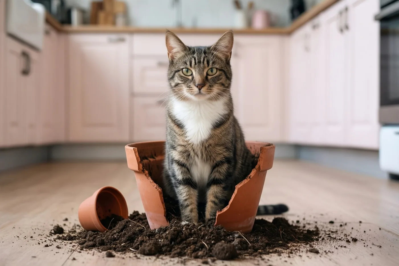 Een gestreepte kat met witte borst zit in een gebroken terracotta bloempot op een houten keukenvloer, tussen gemorste aarde en met lichtroze kasten achter zich.
