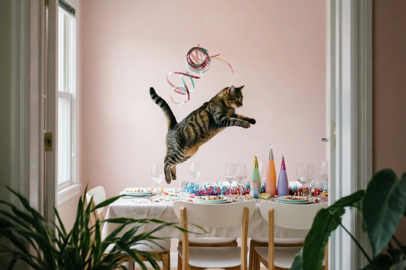 Een gestreepte kat springt naar een kronkelende slinger boven een gedekte nieuwjaarsfeesttafel in een kamer met roze muren en daglicht uit een raam.