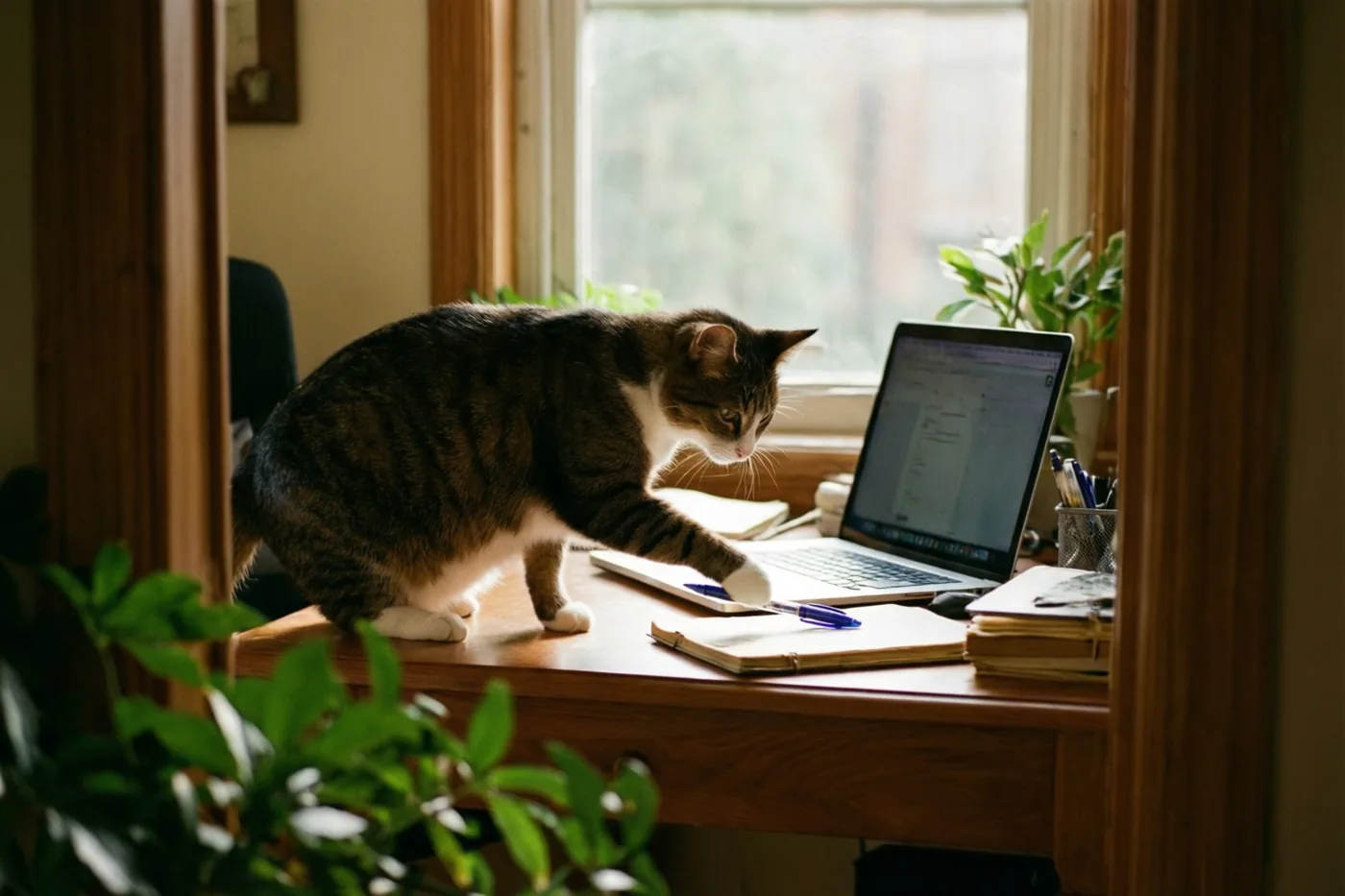 Een gestreepte kat met witte poten staat op een houten bureau en duwt een blauwe pen van het blad terwijl ze naar een laptop reikt, met een raam en groene planten rondom.